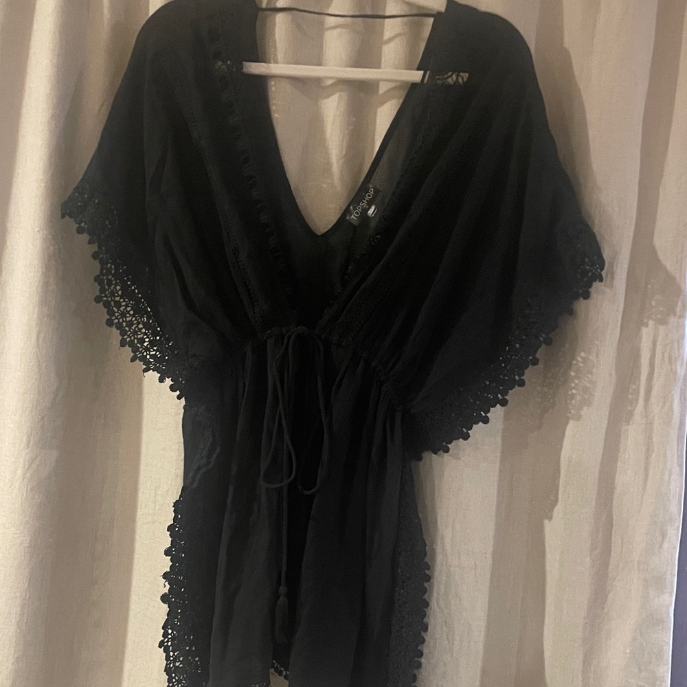Top Shop Black Crochet-Trim Beach Cover-Up tassel tie front